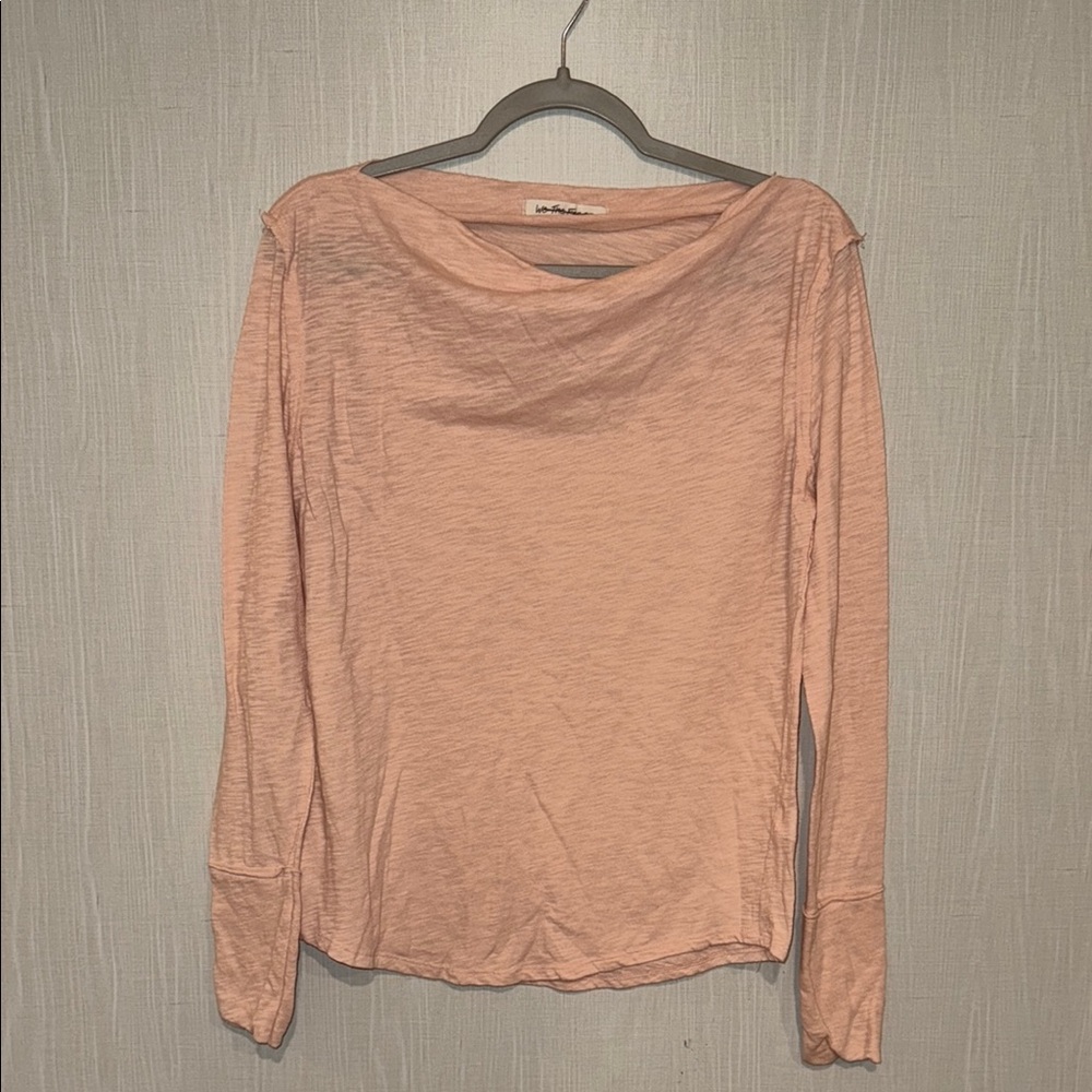 Free People Orange and Pink Long Sleeve Tee with Draped Neckline